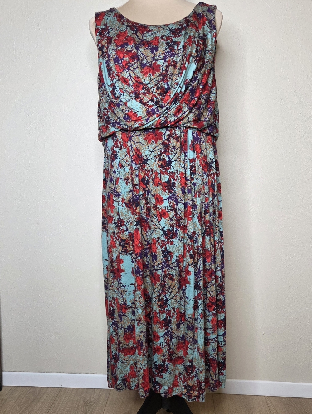 Peruvian Connection XL Floral Drape Midi Dress Stretch Viscose Boho Artsy Resort
